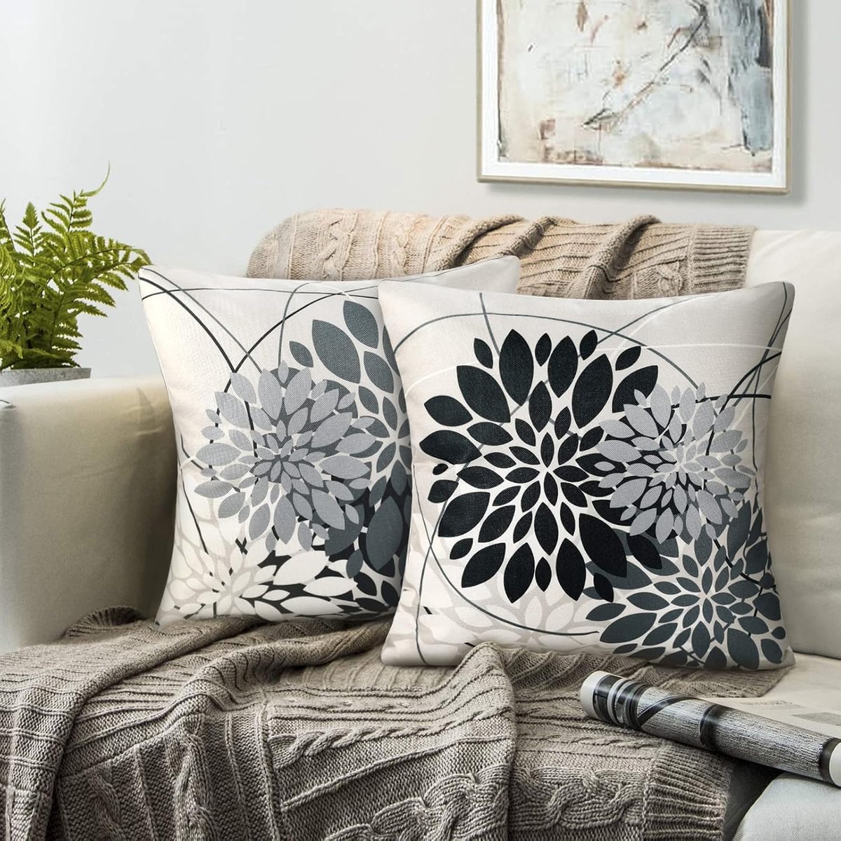 Cushion Covers 50x50cm - Zwart Grijs Geometrisch - Dahlia Bloem Design - Perfect voor Woonkamer - ShopVlot