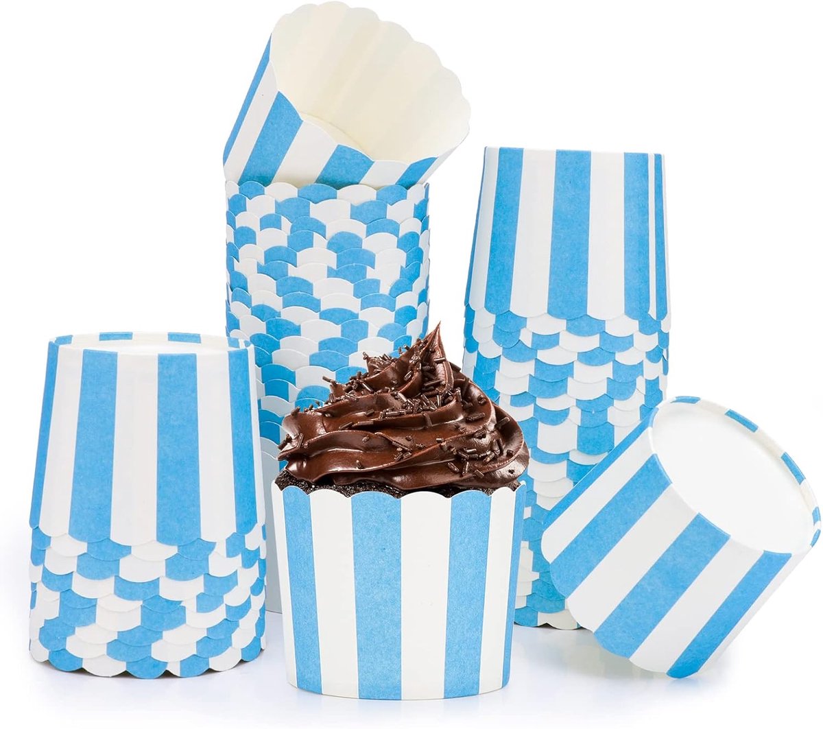 Wegwerpbare papieren muffinvormpjes met blauwe en witte strepen, voor verjaardagen
