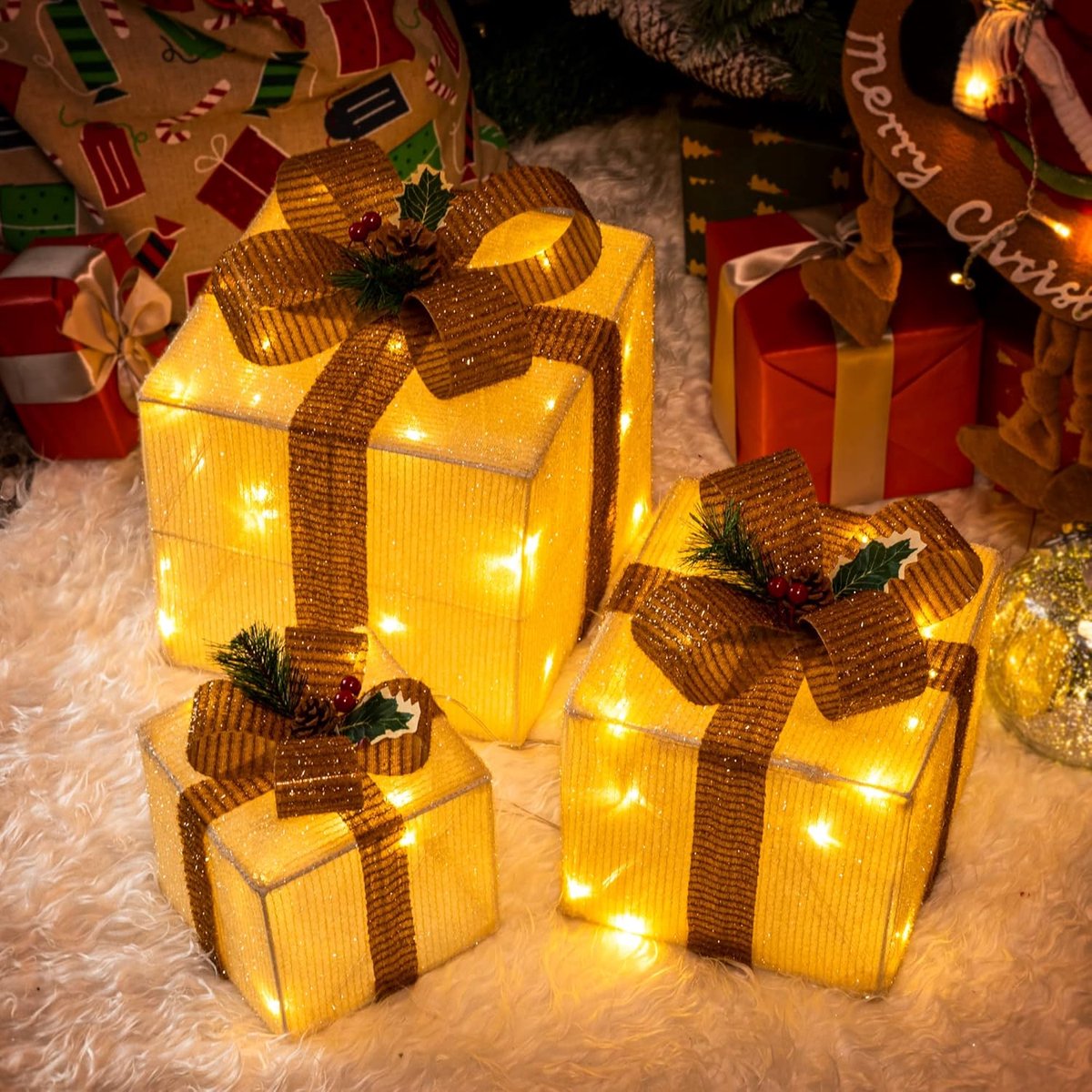 Led-geschenkdoos, set van 3 stuks, 8 modi, 60 leds, lichtgevende kerstdoos, lichtbox met stekker voor binnen, geel, kerstdecoratie, kerstdecoratie, warm wit