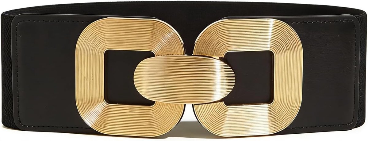 Brede elastische tailleriem voor dames, retro, rekbare riem, leren riem, jurk, heupriem met vierkant, ronde vorm, metalen gesp voor dagelijks gebruik, feest, zwart