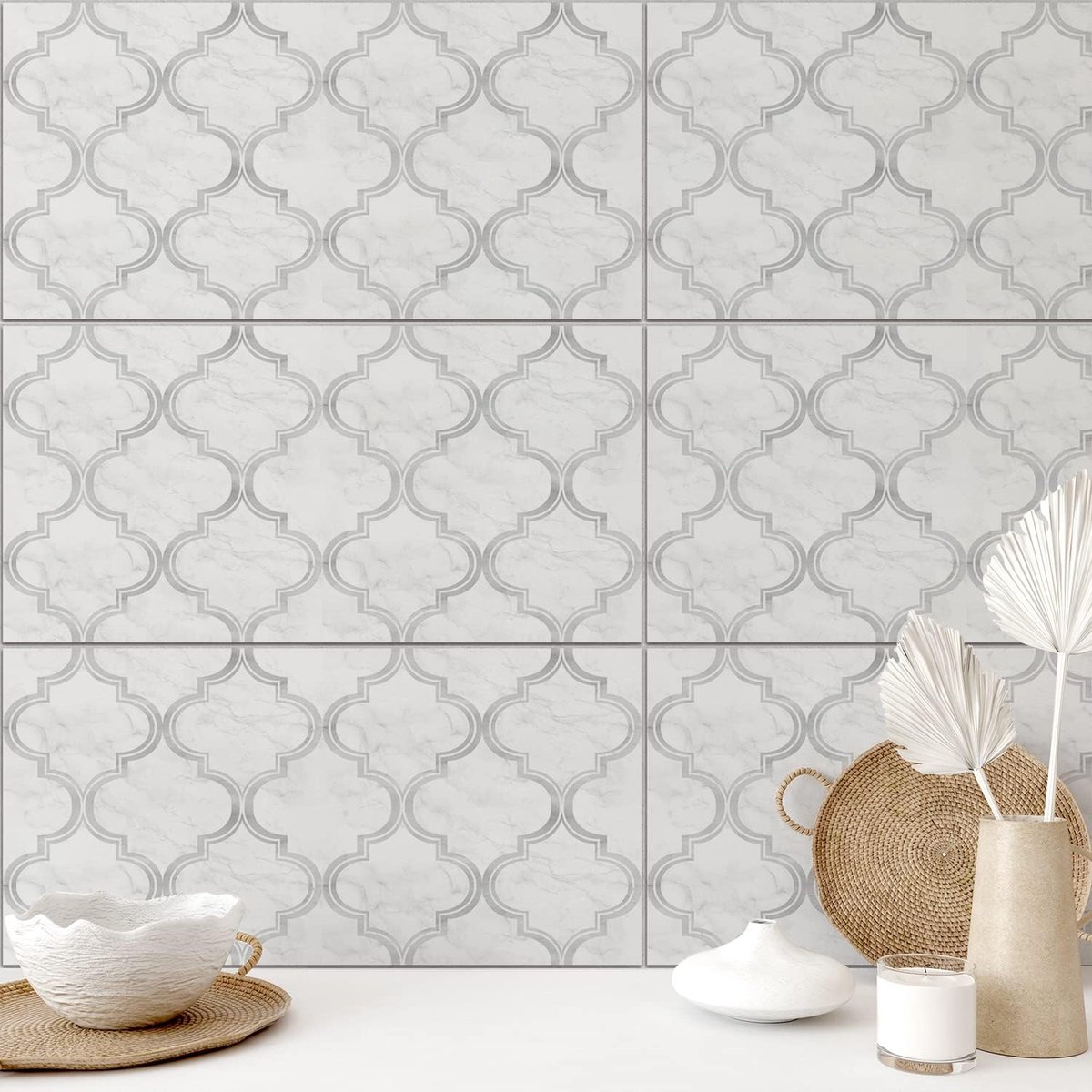 vinyl vloer of muur tegelsticker, antislip tegel stickers met plakkende achterkant voor keuken, badkamer. Zelfklevende pel-en-plak PVC vloer sticker doe-het-zelf, wit / grijs (White Grey Marble Lantern), 30 x 15 cm x 4 stuks set