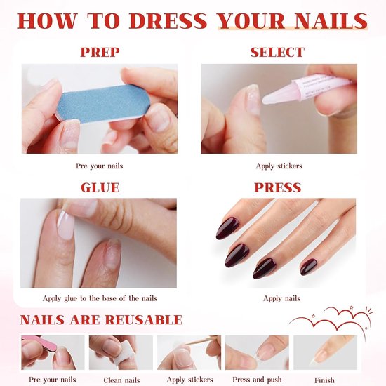 On Nagels, 30 Stuks Set & Extra Korte Kunstnagels - Korte Opplakvariant in Bordeaux, Glanzend Herbruikbaar voor Vrouwen — afbeelding 3