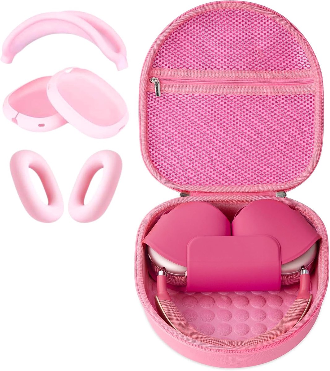 schaal voor Apple Airpods Max, draagbare tas met netvakken voor accessoires (roze etui, siliconen hoes)
