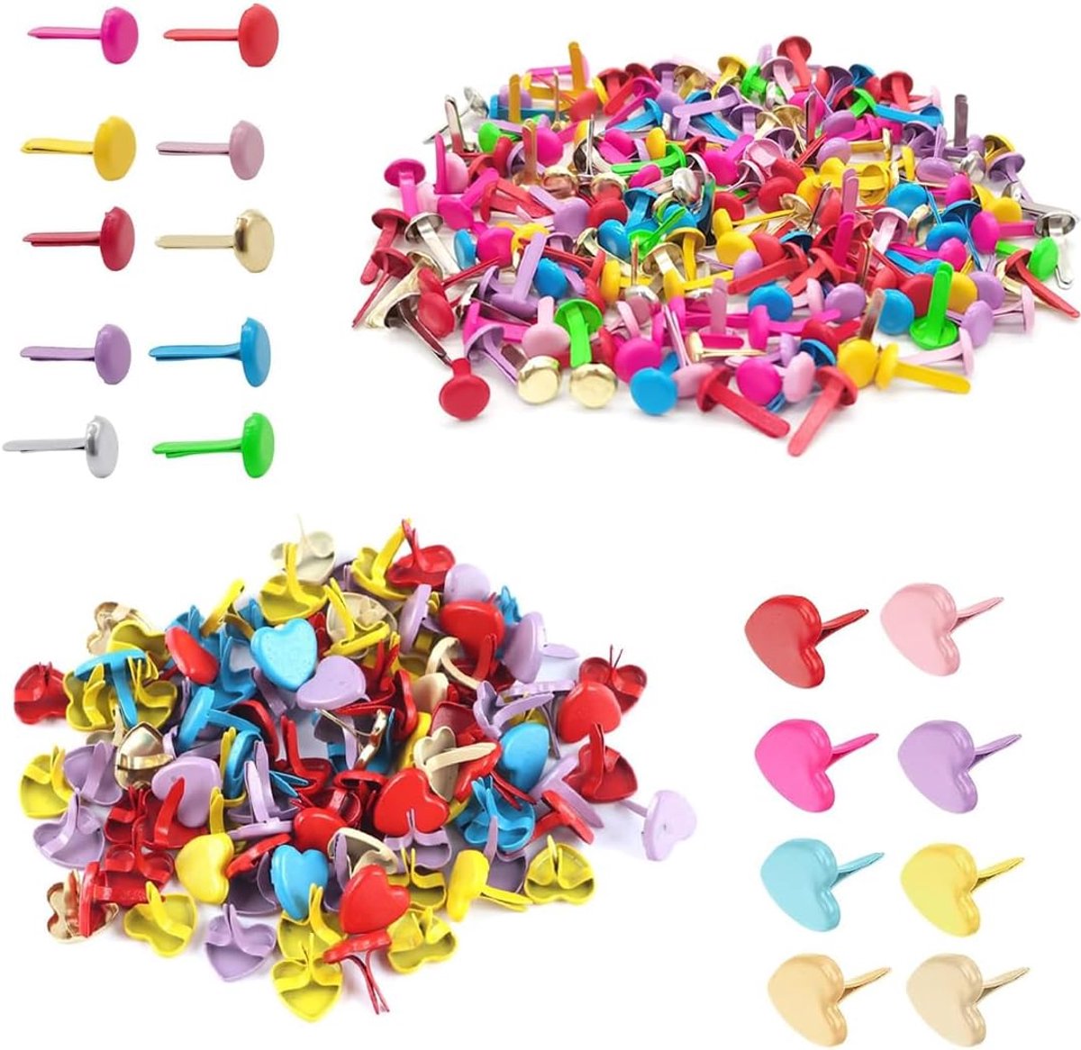 200 stuks monsterzakklemmen, metaal, 100 ronde kopklemmen + 100 hartvormige kopklemmen, mini-brads, licht en herbruikbaar, voor school, kantoor, papier, briefklemmen, handwerk, doe-het-zelf