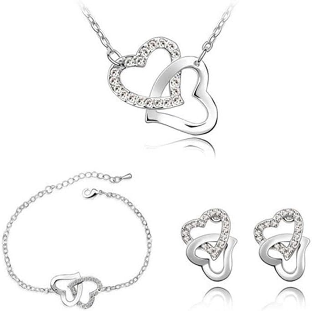 Sieradenset voor dames, hartvormige hanger, dubbele armband met hartvormige oorbellen met meisjessieraden met zirkonia-kristallen