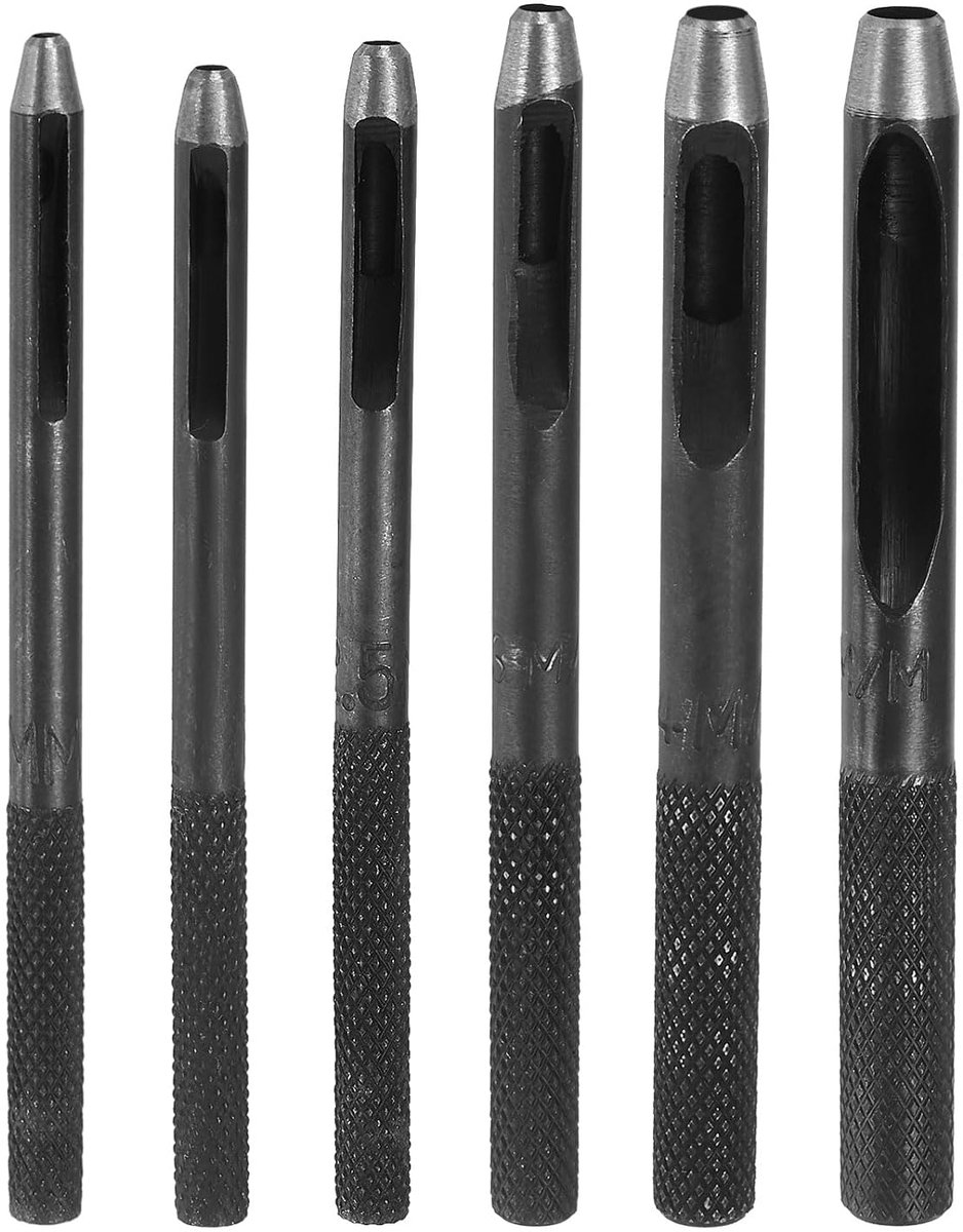 6 stuks lederen gatenpons, 1,5/2/2,5/3/4/5 mm, holle, ronde gaten, snijgereedschap van koolstofstaal, voor horloges, stoffen riemen, afdichtingen, doe-het-zelf, lederhandwerk, reparatie
