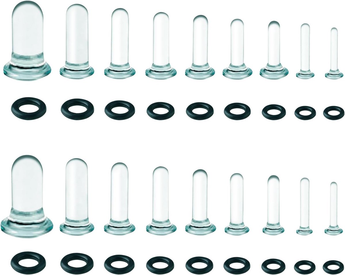 14G-1G Oor Stretching Kit, 18 stuks glazen oordopjes, enkele flare glazen pluggen met O-ringen voor oor uitzetten, zwarte meters voor oren, piercing sieraden voor vrouwen, mannen