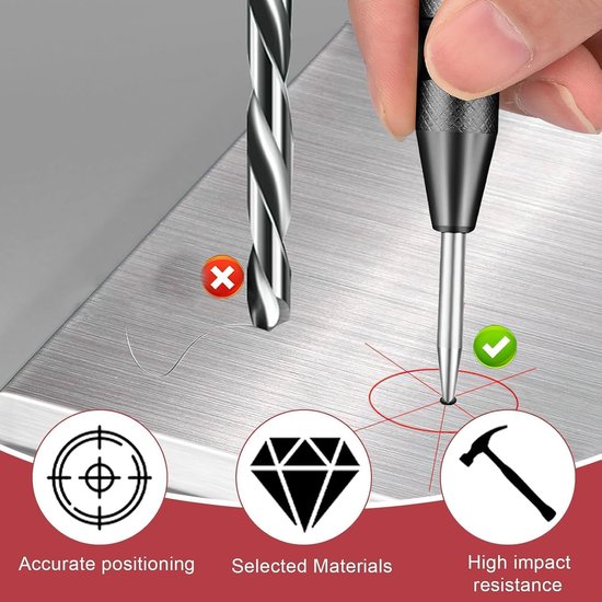 Centre Punch, automatische metalen centreerstempel, verstelbare eenhandsdrukstempel met veermechanisme, voor metaal, hout en glas — afbeelding 3