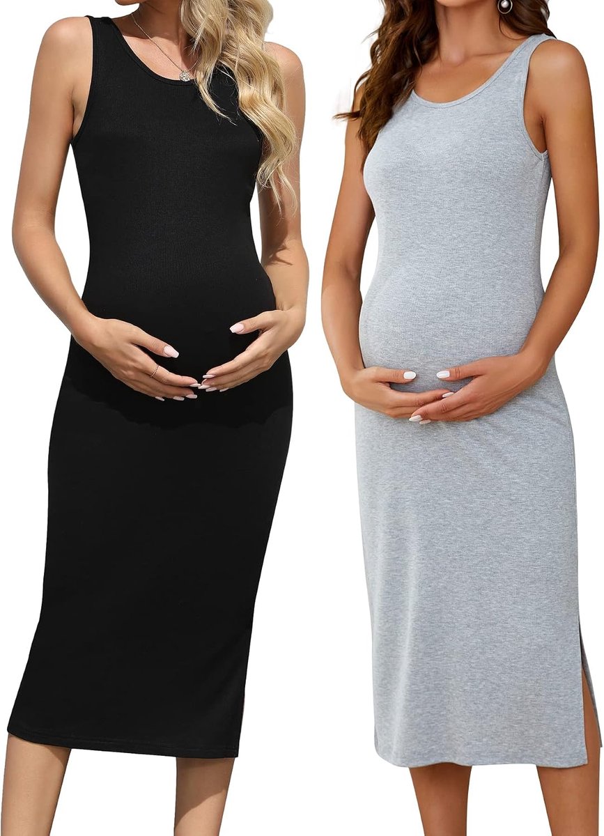 2 Pack Zwangerschapstankjurk Mouwloze Bodycon Zwangerschap Jurken Casual Uitsparing Materniteit Jurk voor Zomer