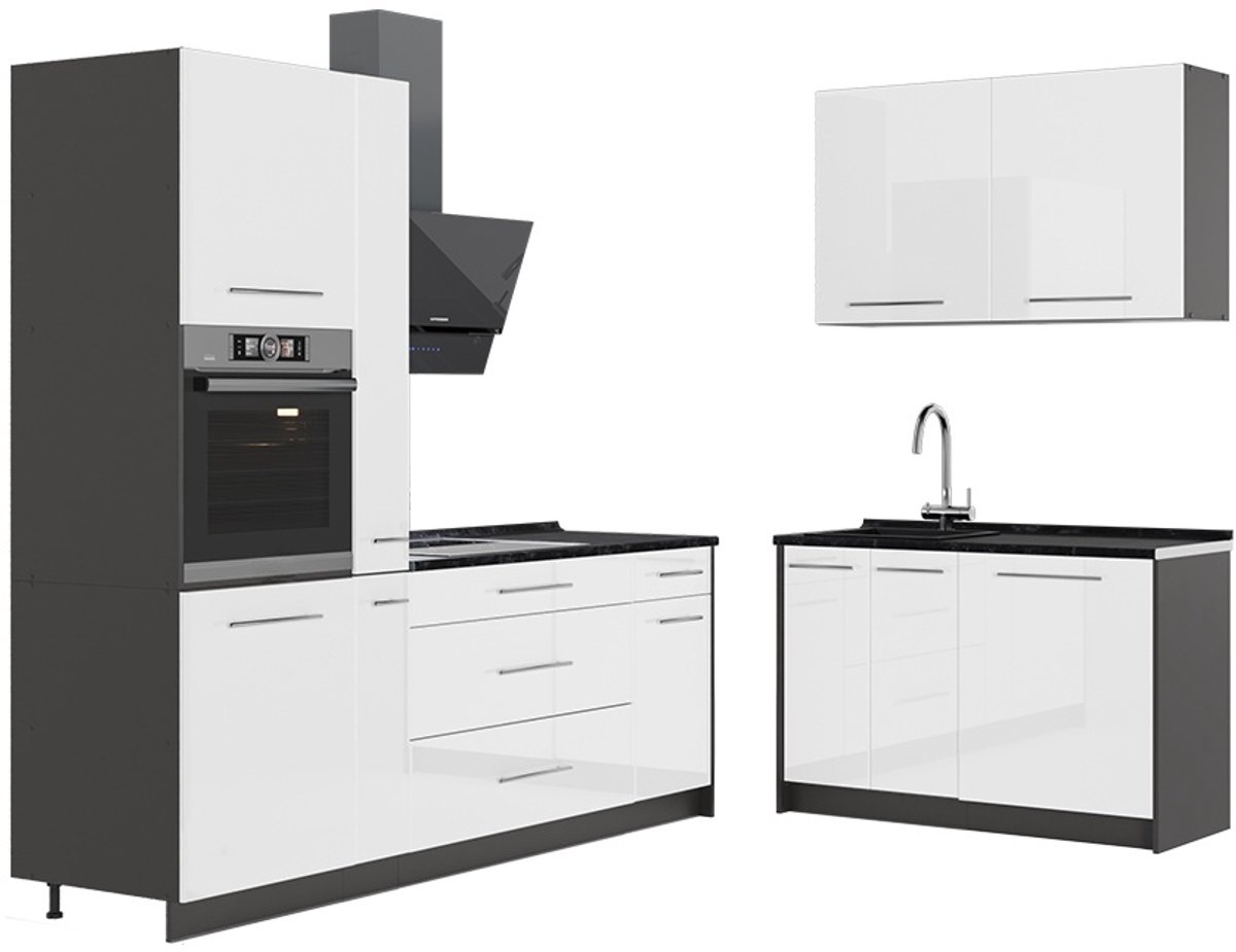 Vicco Keuken Fame-Line, Wit Hoogglans/Antraciet, 220 x 120 cm zonder werkblad