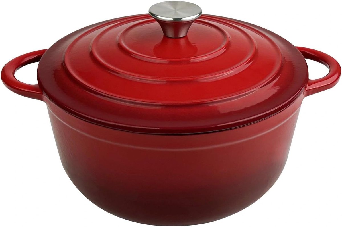 Gietijzeren pan, 25 cm, braadpan met deksel, geëmailleerde braadpan voor alle warmtebronnen, cocotte van gietijzer voor stoofpot en langzaam braden (rood)
