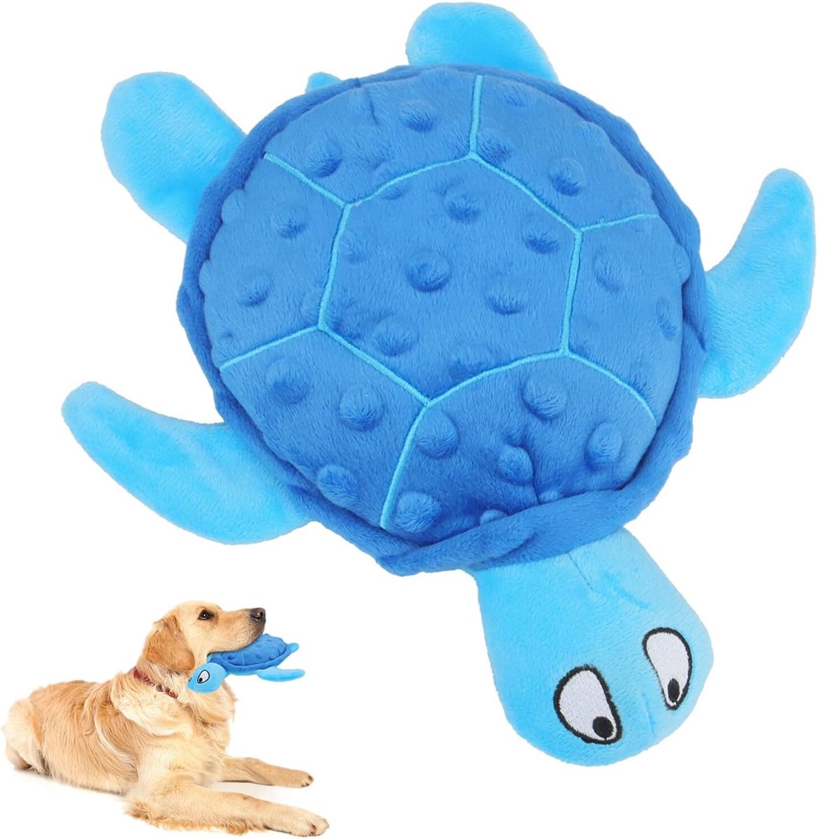 Piepende zeeschildpad pluche hondenspeelgoed - duurzaam, geen vulling (blauw) | Interactief kauwspeelgoed met kreukelpapier voor kleine honden - verlicht angst, tandjes en houd ze bezig voor puppy's