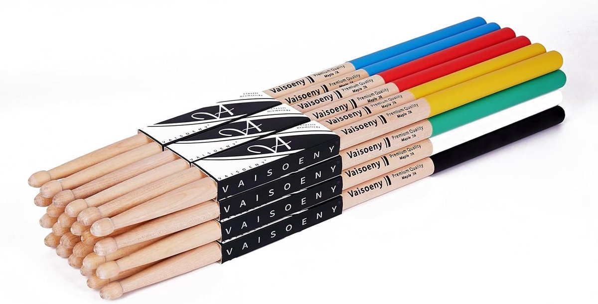 Drumsticks 7A - houten drumstokken met rubberen grip - 12 paar voor beginners en professionals - perfect voor drumles - ShopVlot