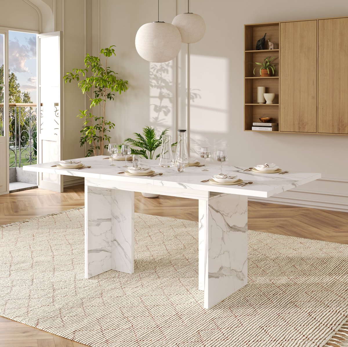 COVREO Eettafel 180x80 cm wit marmerlook fineer, MDF uitschuifbaar tot 8 personen