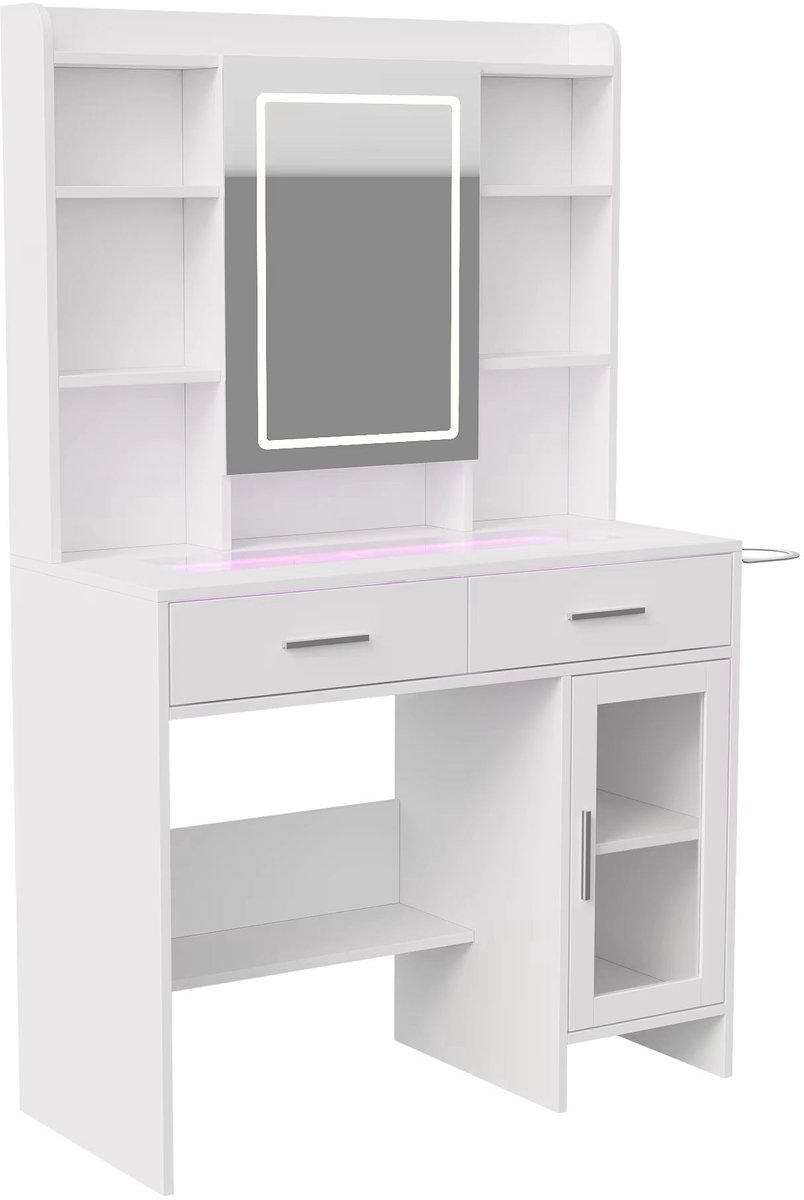 Kaptafel Wit met LED Spiegel – Make-up Tafel met Spiegel, LED Verlichting en 2 Lades