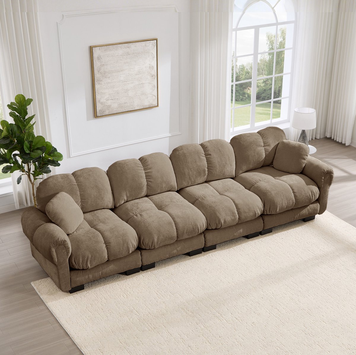 OKWISH Zitbank 330 cm - Modulaire 4-Zits Bank Met Gestikt Design, Dikke Kussens En Gebogen Armleuningen - Voor Woonkamer - Chenille - Bruin
