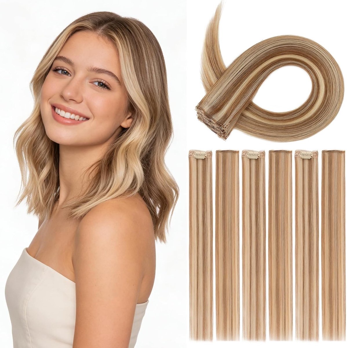 Clip-In Human Hair Extensions van 100% Echt Haar, 6 Stukken met Clips, 25CM Lichtbruin en Lichtblond, Perfect voor Vrouwen en Kinderen, Gemakkelijk te Bevestigen en Stijlvol