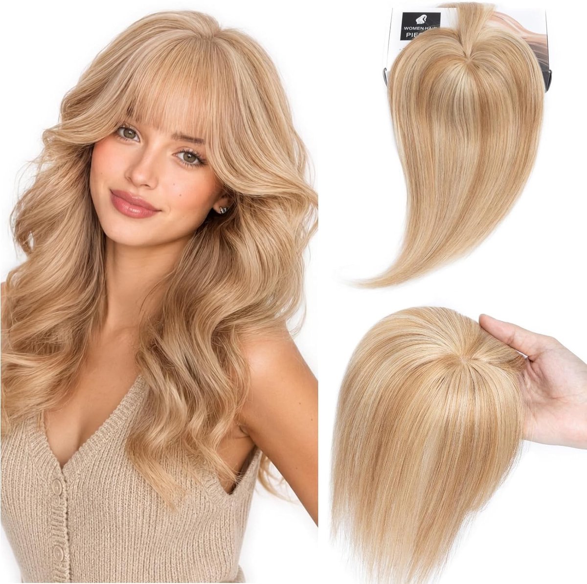 Natuurlijke Haarstukken met Pony voor Vrouwen, 360° 3D Dekking, Remy Menselijk Haar, 35 cm, Sand Blond met Platina Blond