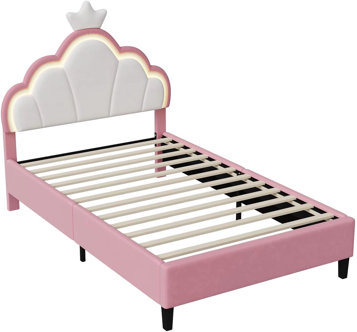 Happiq Prinsessenbed 90x200 cm Roze – Gestoffeerd Kinderbed met LED Verlichting en Kroonhoofdbord Pink