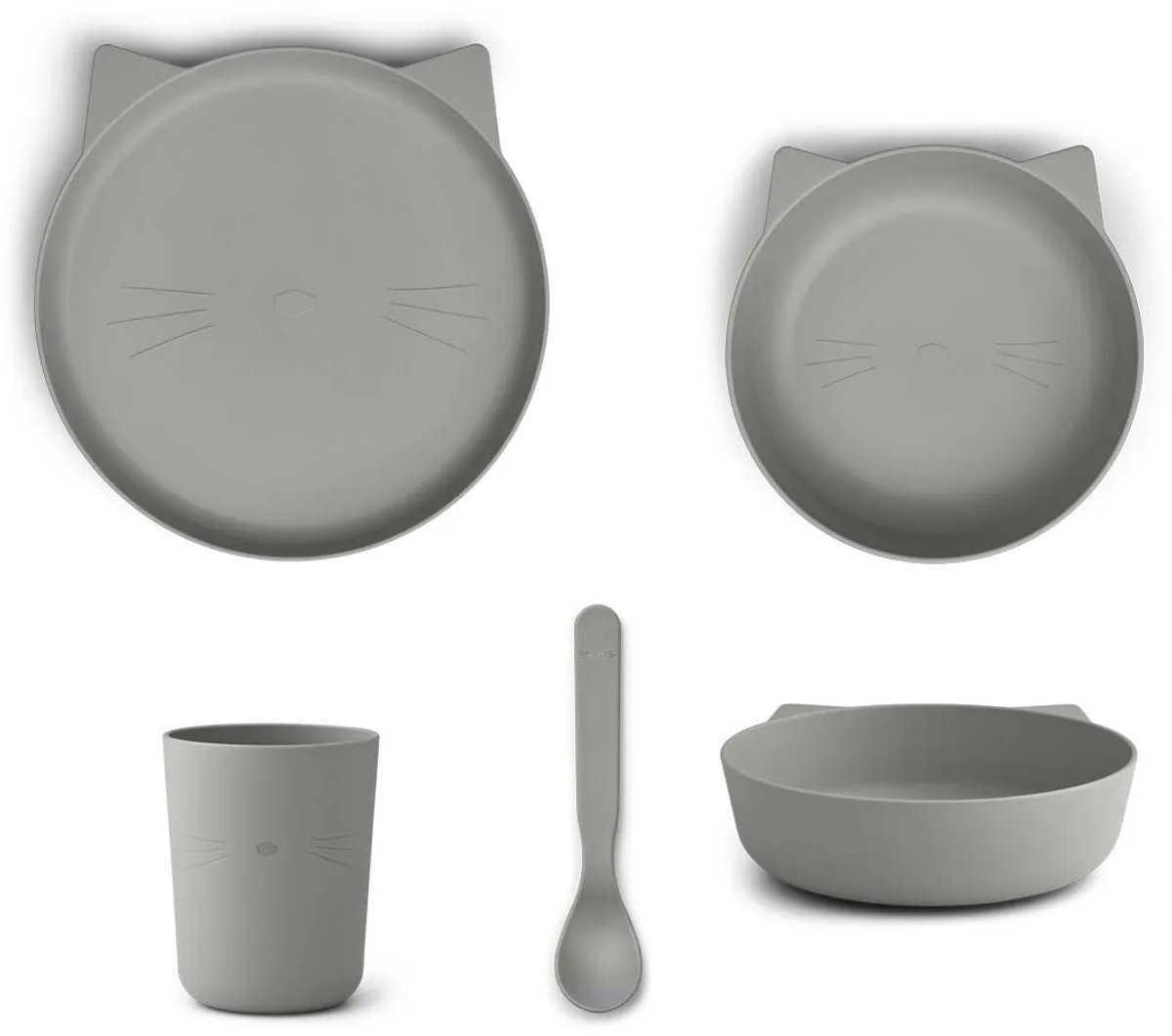 Liewood Paul kinderservies set van PLA "Cat dove blue", 4-delig, biologisch kunststof