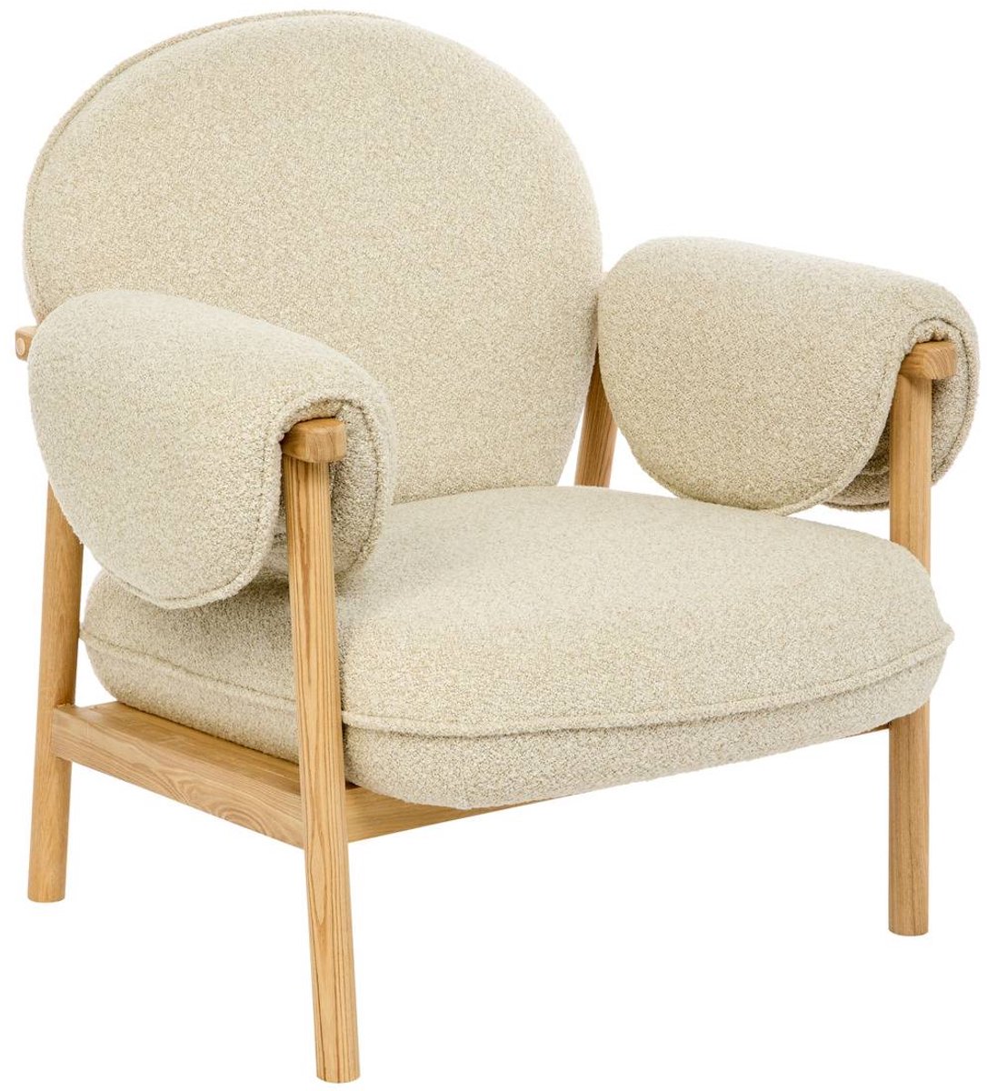 Fauteuil van bouclé-stof met essenhouten frame IKARIS