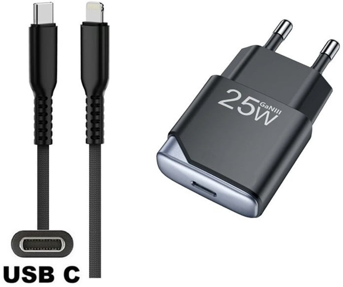 OneOne 25W super snellader en screenprotector van glas voor iPhone 12 + 1,2m sterke USB C naar Lightning kabel. GaN lader. PD PPS oplader adapter. Glazen screenprotector past op Apple iPhone 12