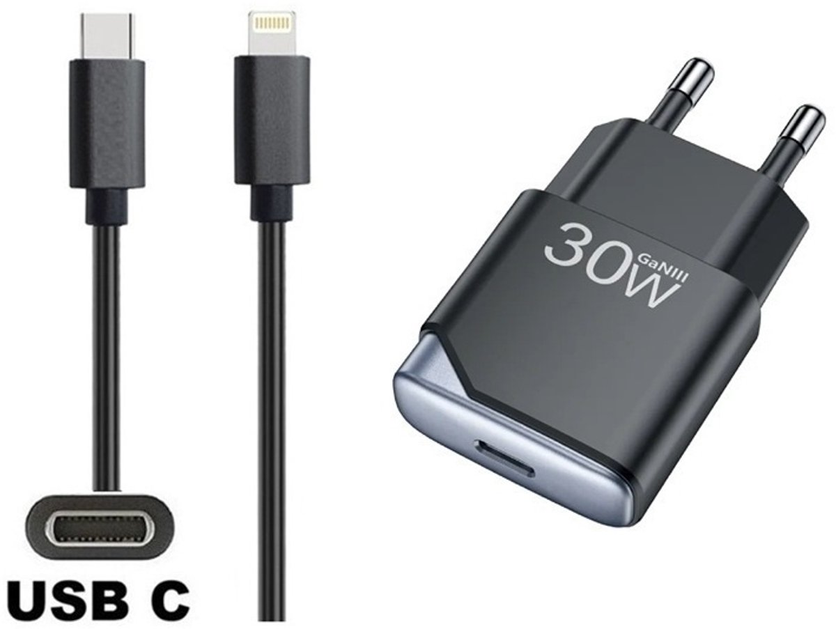 OneOne 30W super snellader en screenprotector van glas voor iPhone 13 Pro Max en iPhone 14 Plus + 1,0m sterke USB C naar Lightning kabel. GaN lader. PD PPS oplader adapter. Glazen screenprotector past op Apple iPhone 13 Pro Max & iPhone 14 Plus