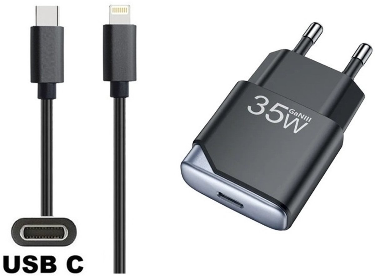 OneOne 35W super snellader en screenprotector van glas voor iPhone 13 Pro Max en iPhone 14 Plus + 1,0m sterke USB C naar Lightning kabel. GaN lader. PD PPS oplader adapter. Glazen screenprotector past op Apple iPhone 13 Pro Max & iPhone 14 Plus