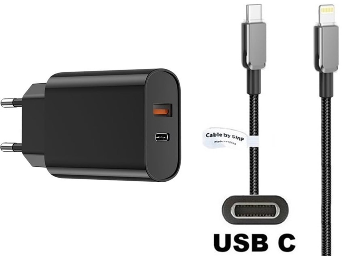 OneOne 20W snellader met 2 poorten en screenprotector van glas voor iPhone 12 + 1,0m USB C naar Lightning kabel. PD lader. Universele oplader adapter. Glazen screenprotector past op Apple iPhone 12