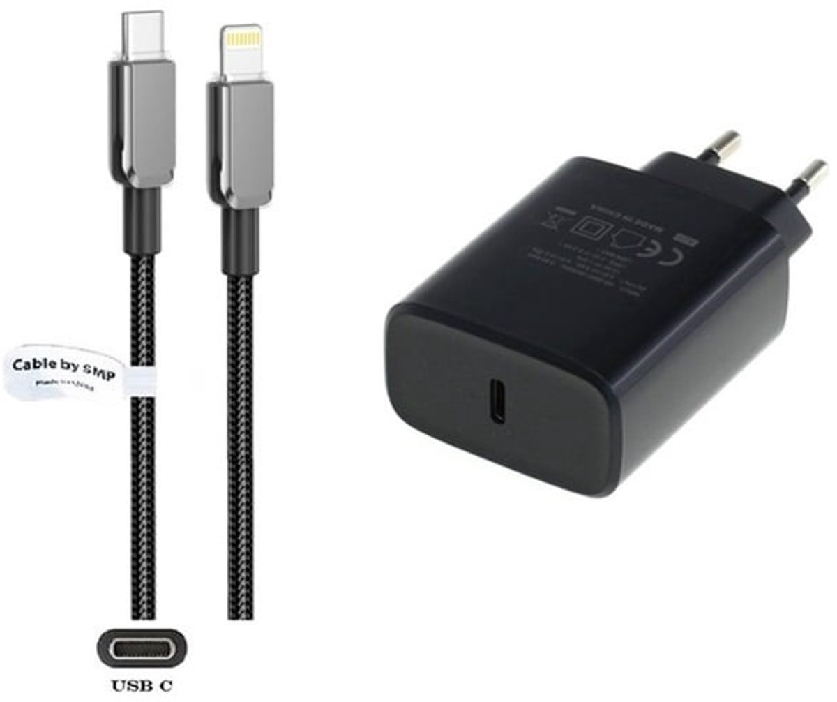 OneOne 20W snellader en screenprotector van glas voor iPhone 12 + 1,0m USB C naar Lightning kabel. PD lader. Universele oplader adapter. Glazen screenprotector past op Apple iPhone 12