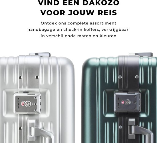 Zilveren en donkergroene DAKOZO koffers met TSA-goedgekeurde sloten naast elkaar.