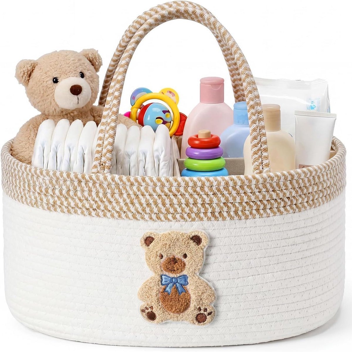 Baby luier organizer mand - Berenthema - Luier organizer met 3 vakken - Geschikt voor luiers, doekjes, crèmes, flesjes en boerdoekjes
