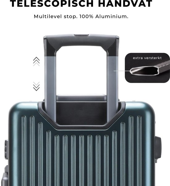 Telescopisch aluminium handvat met multilevel stop op een donkergroene DAKOZO koffer.