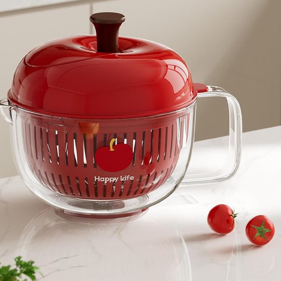 Fruitwasser Kom - Groenten Spinner - Salade Voorbereiden - Directe Stop Functie - 23 x 23 x 18 cm - Rood — afbeelding 3