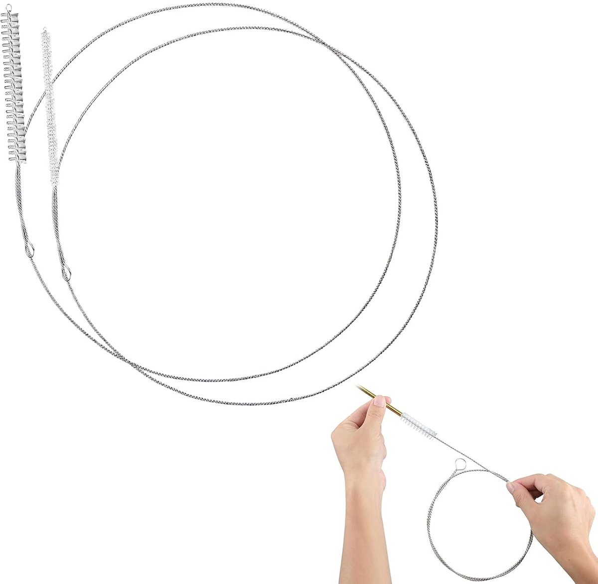 2 stuks, 100 cm, reinigingsborstelset voor koelkastafvoer en rietje, flexibel en krasvrij, roestvrij staal, lang, 0,6/1,2 cm, buisborstel tegen verstopping