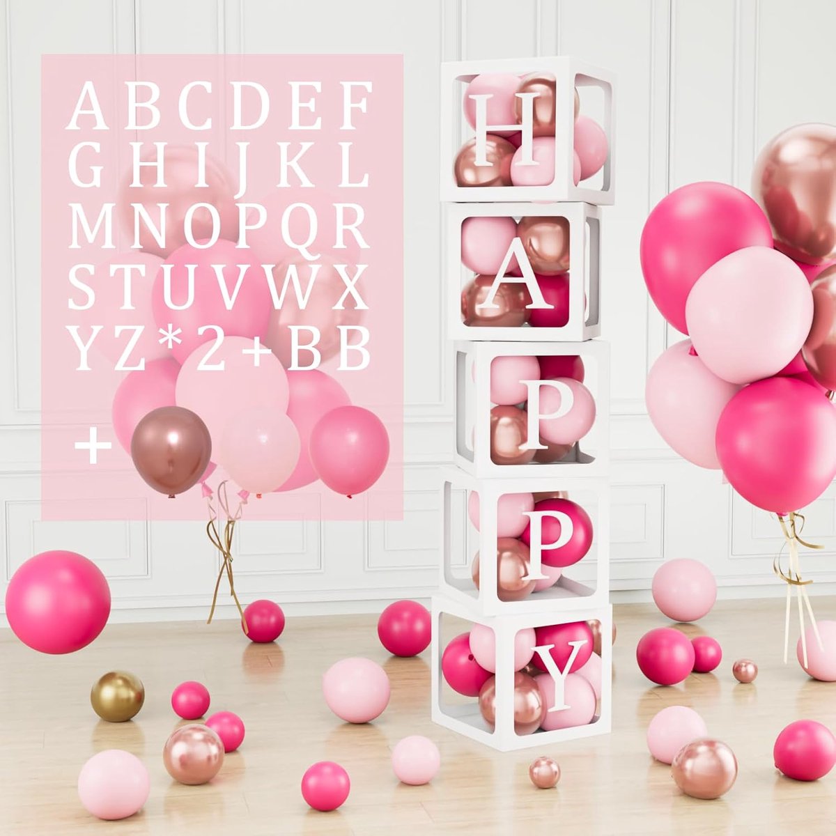 104 stuks babyshower box decoratie voor meisjes, 5 transparante ballondozen met 54 letters (B+A-Z x 2), 45 roze roségoudkleurige ballonnen, babyballondozen voor babyshower, verjaardagsdecoratie