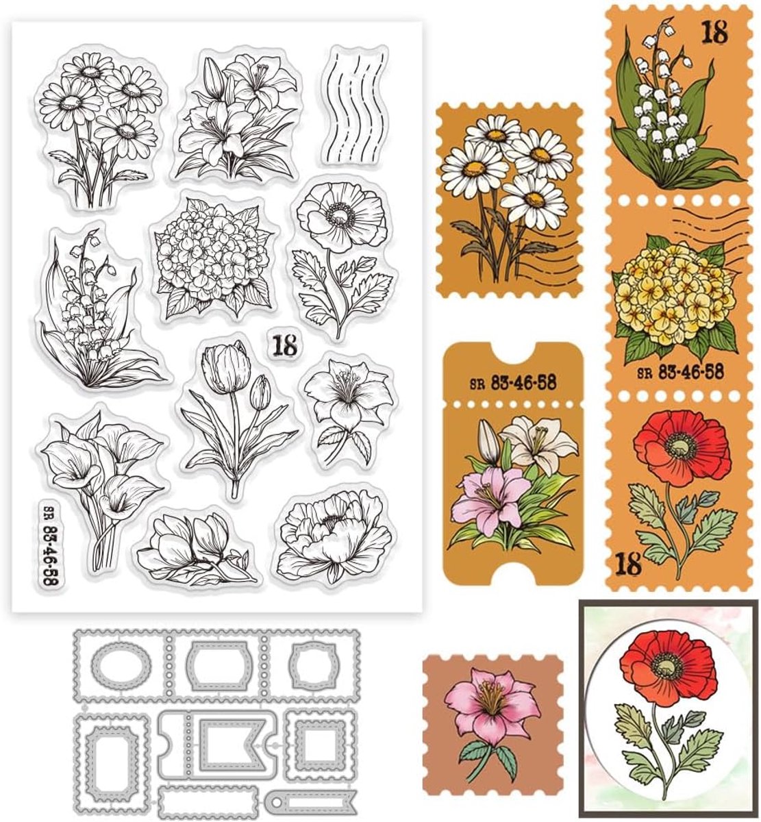Bloemen Stempels Heldere Stempel en Snijmatrijzen Set voor Kaarten Maken Lente Tulpen Daisies Silicone Heldere Stempel Metalen Postzegels Frame Snijmatrijzen voor DIY Scrapbooking Fotoalbum