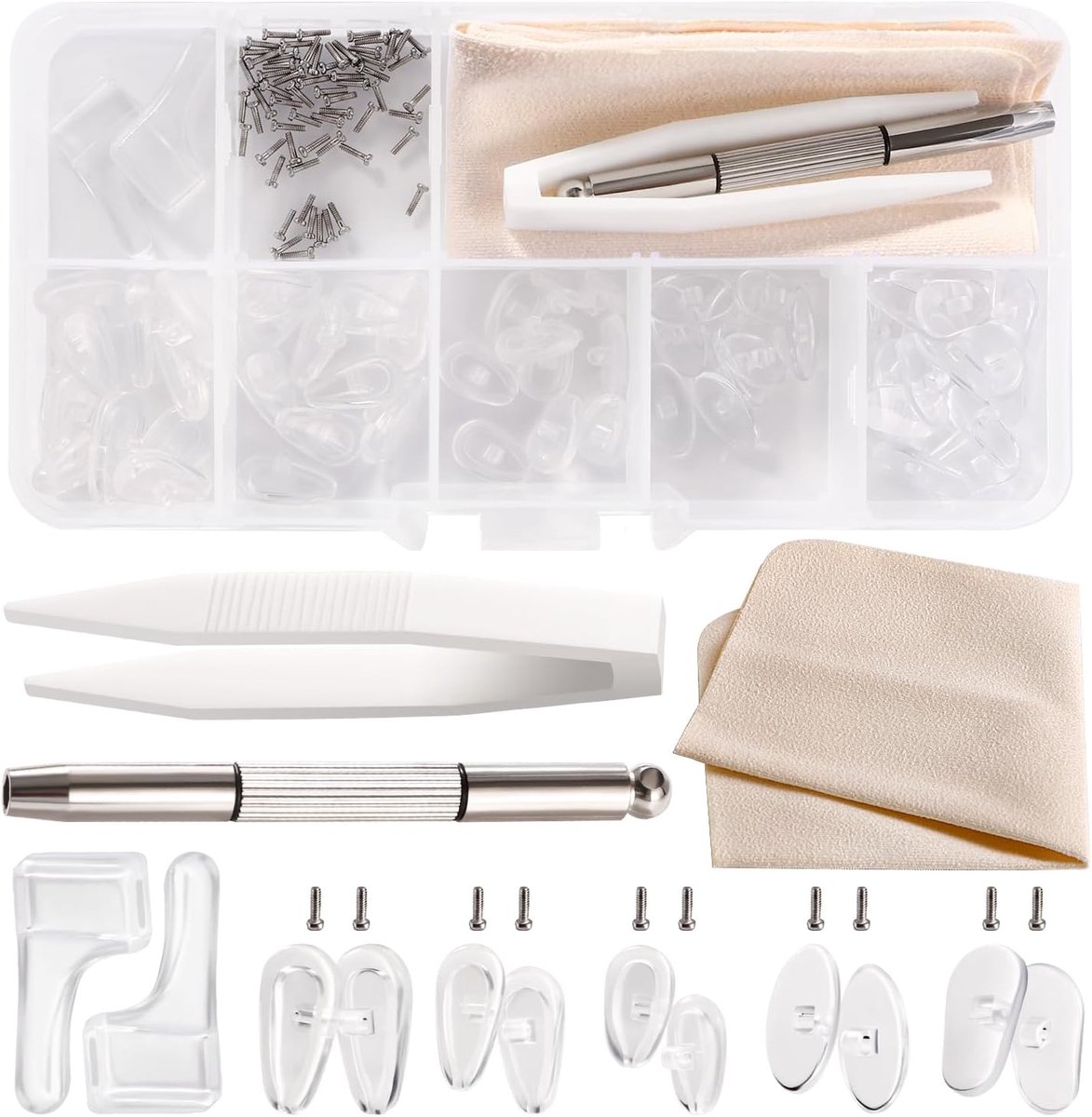 30 Paar Bril Neuspads Set, Siliconen Opschroefbare Bril Neuspads, Neuspads Brilreparatieset, met Schroeven, Schroevendraaiers, Pincet, Schoonmaakdoekje, voor Brillen, Zonnebrillen, Nr. 6