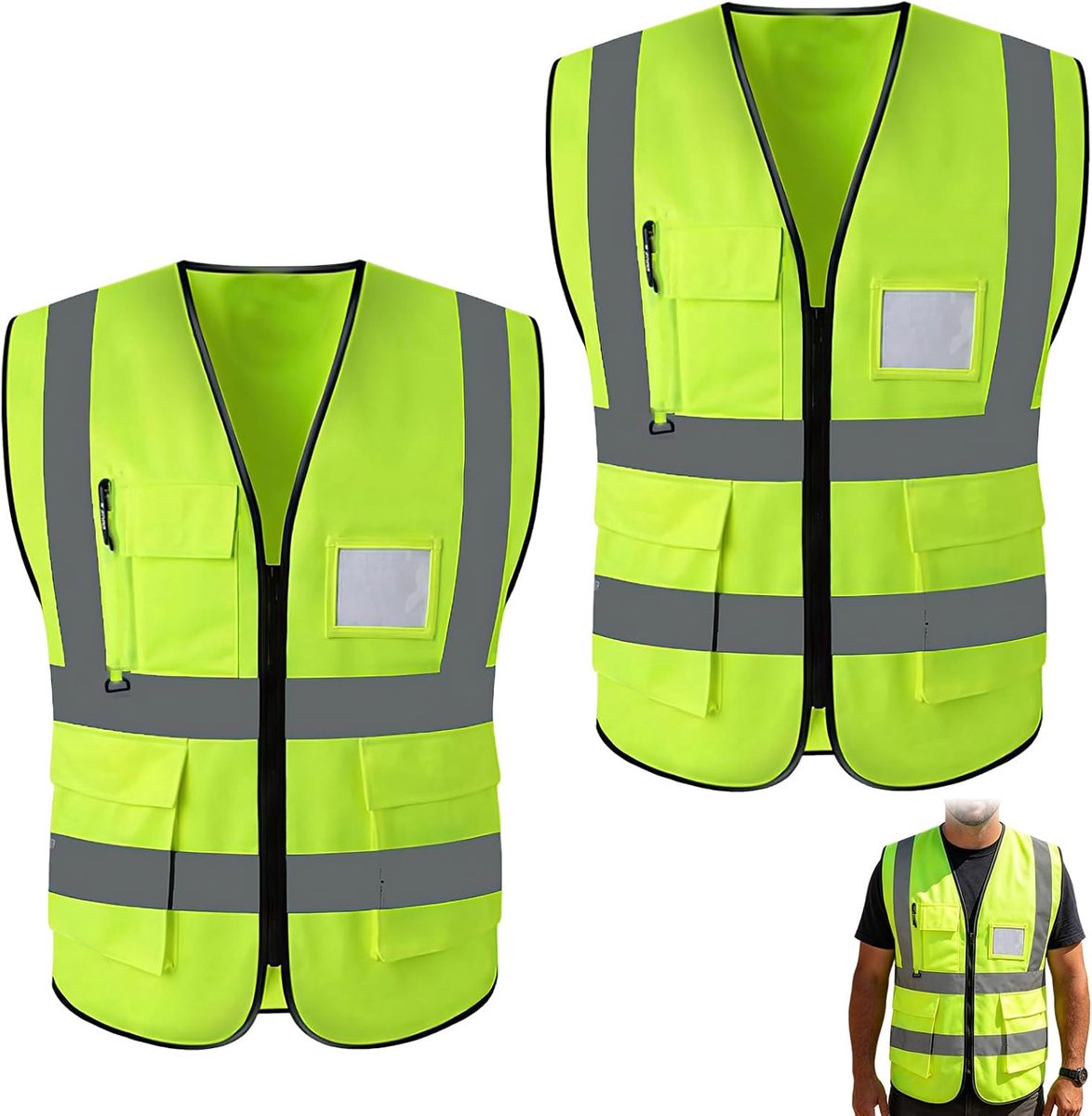 Veiligheidsvest 2 Stuks – Hoge Zichtbaarheid 360° Reflectie – Fluorescerend Vest met Zakken – Voor Werk, Fietsen, Hardlopen en Outdoor