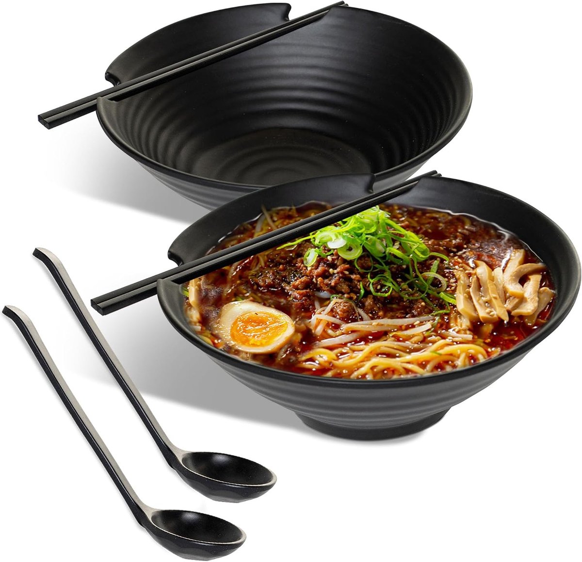 Japanse ramenkommen, set van 2 - Elegante 1000 ml ramenkommen, vaatwasmachinebestendige herbruikbare plastic noedelkommen, set voor soep, salade, rijst en pastagerechten - met bijpassende