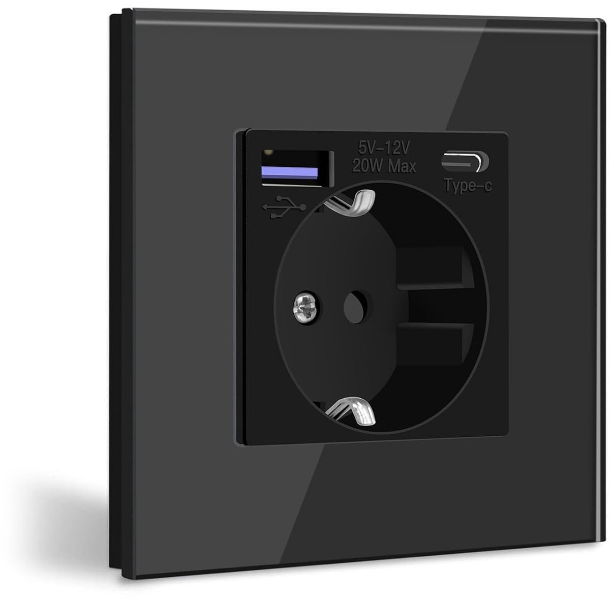 Schuko Stopcontact met USB C 20W Snellader USB Type C Wandstopcontact met Glas Paneel, USB Stopcontact Inbouw, Geschikt voor iPhone, iPad, Galaxy en meer-Zwart