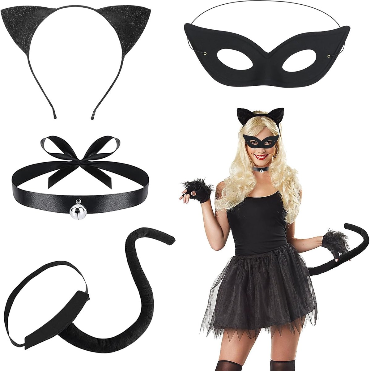 4 stuks Halloween kattenkostuum voor dames, volwassen kattenkostuum accessoires met kattenoren haarband pluche staart halsketting maskers kat cosplay kostuum set voor carnaval themafeest
