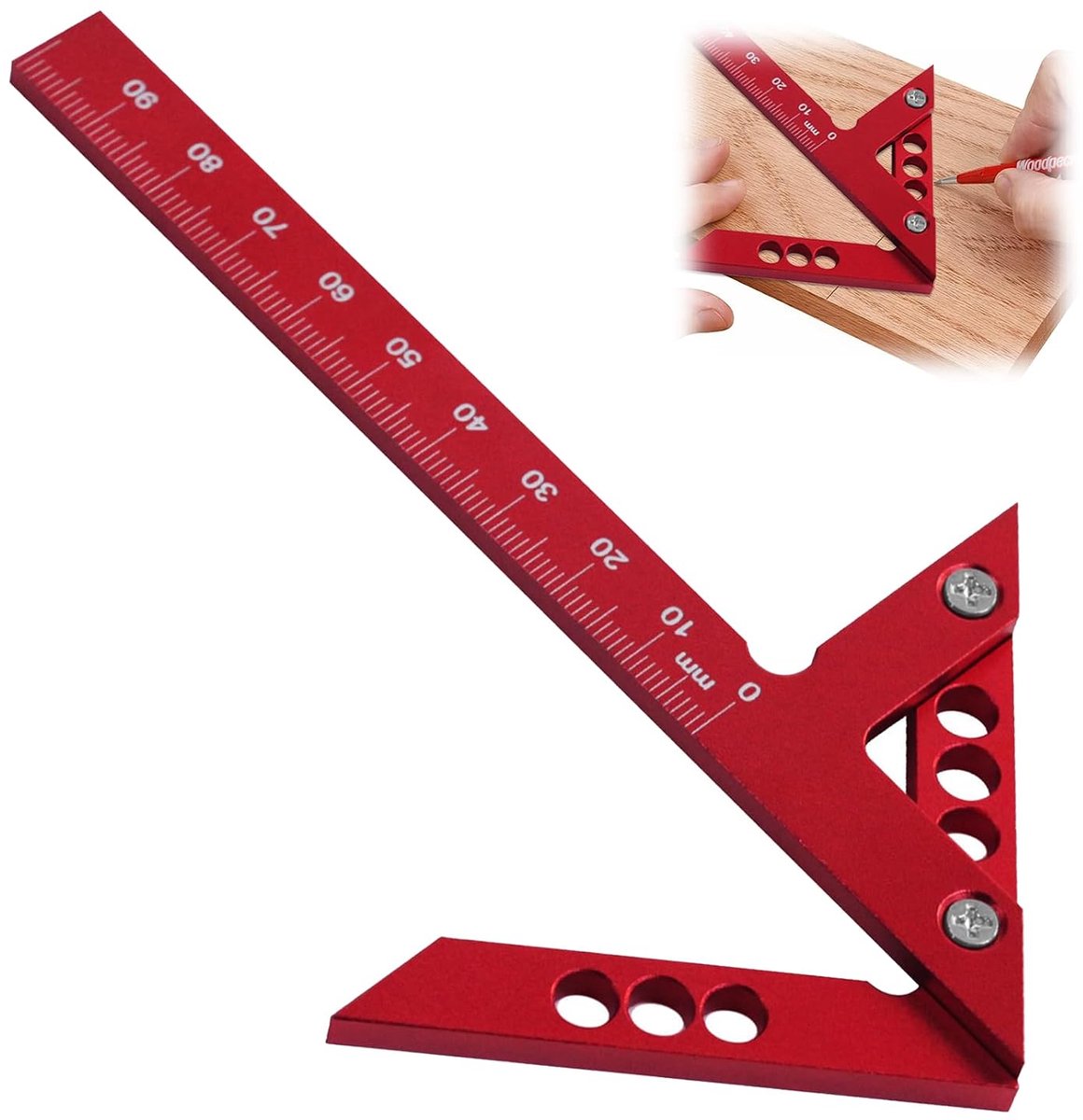 Centrumzoeker 45°/90° met 100 mm schaal, centreerhoek middenvinder van aluminiumlegering precisiemeter, lijnliniaal voor centreergereedschap om te scheuren en te meten (rood)