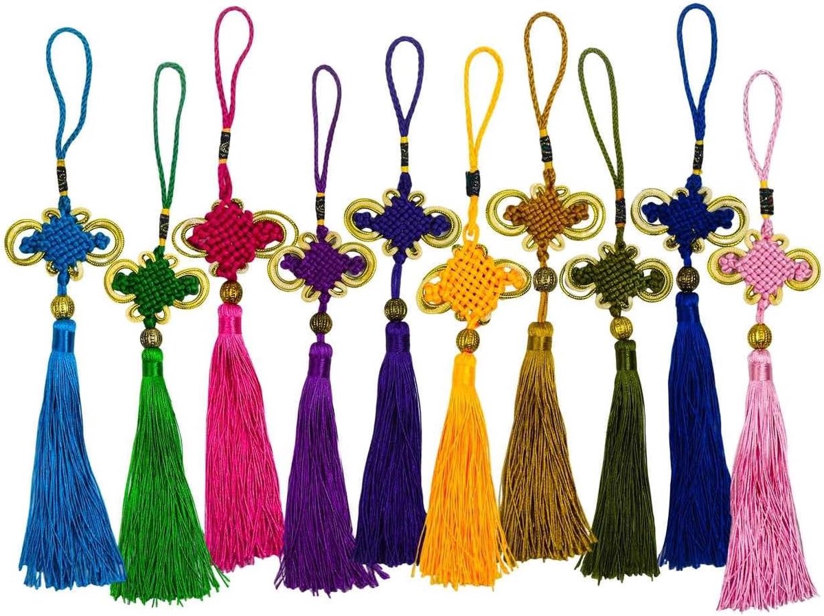 10 stk 10 inch Handgemaakte Zijdeachtige Floss Chinese Knoop Kwast met Gouden Satijn Zijde Gemaakt Chinese Knopen voor Thuis en Auto Overhandigen Decoratie (Gemengd1)