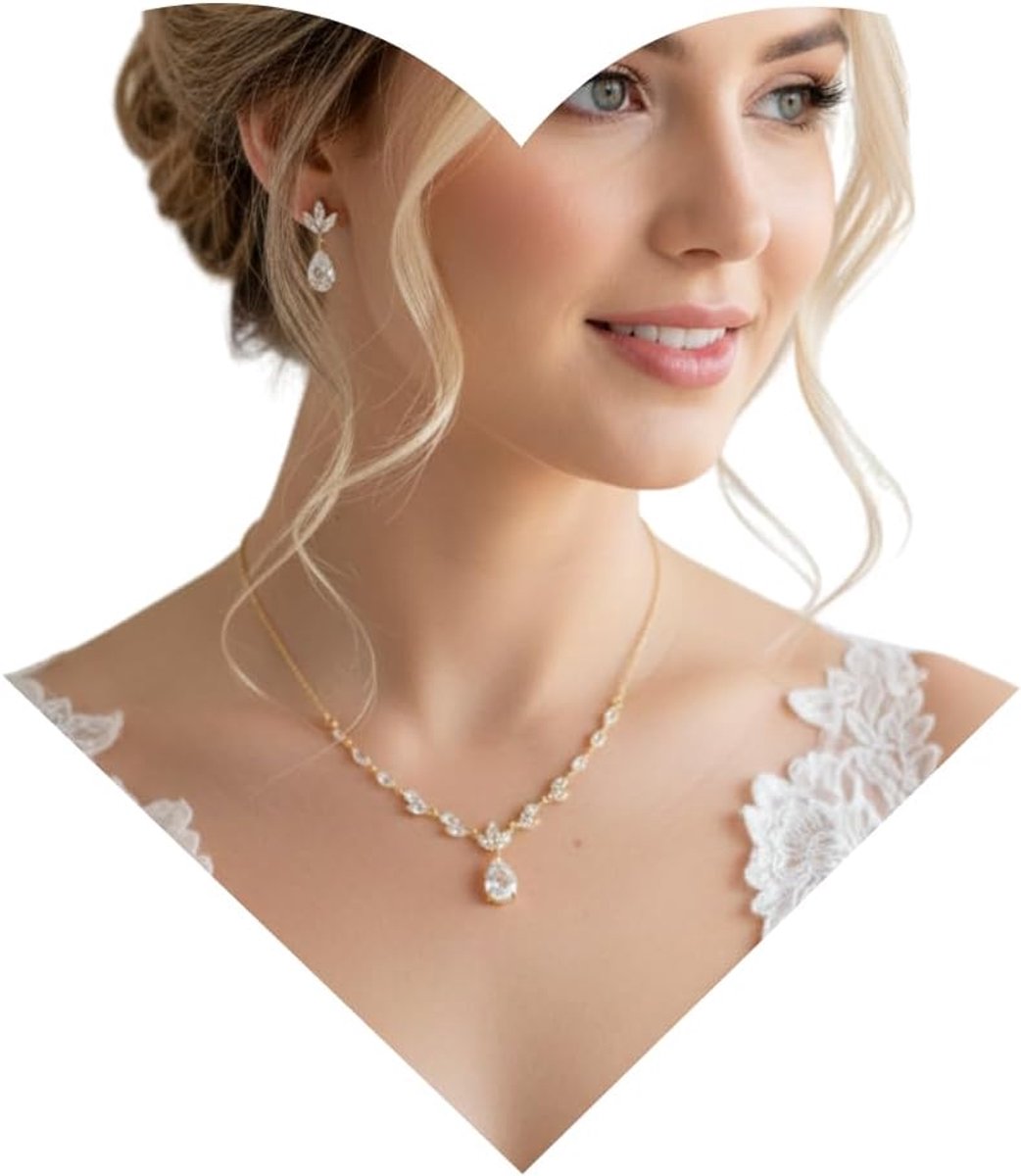 goud, halsketting 43-50 cm, oorbellen met AAA+ zirkonia, elegant bruiloftssieraad voor dames, druppeldesign
