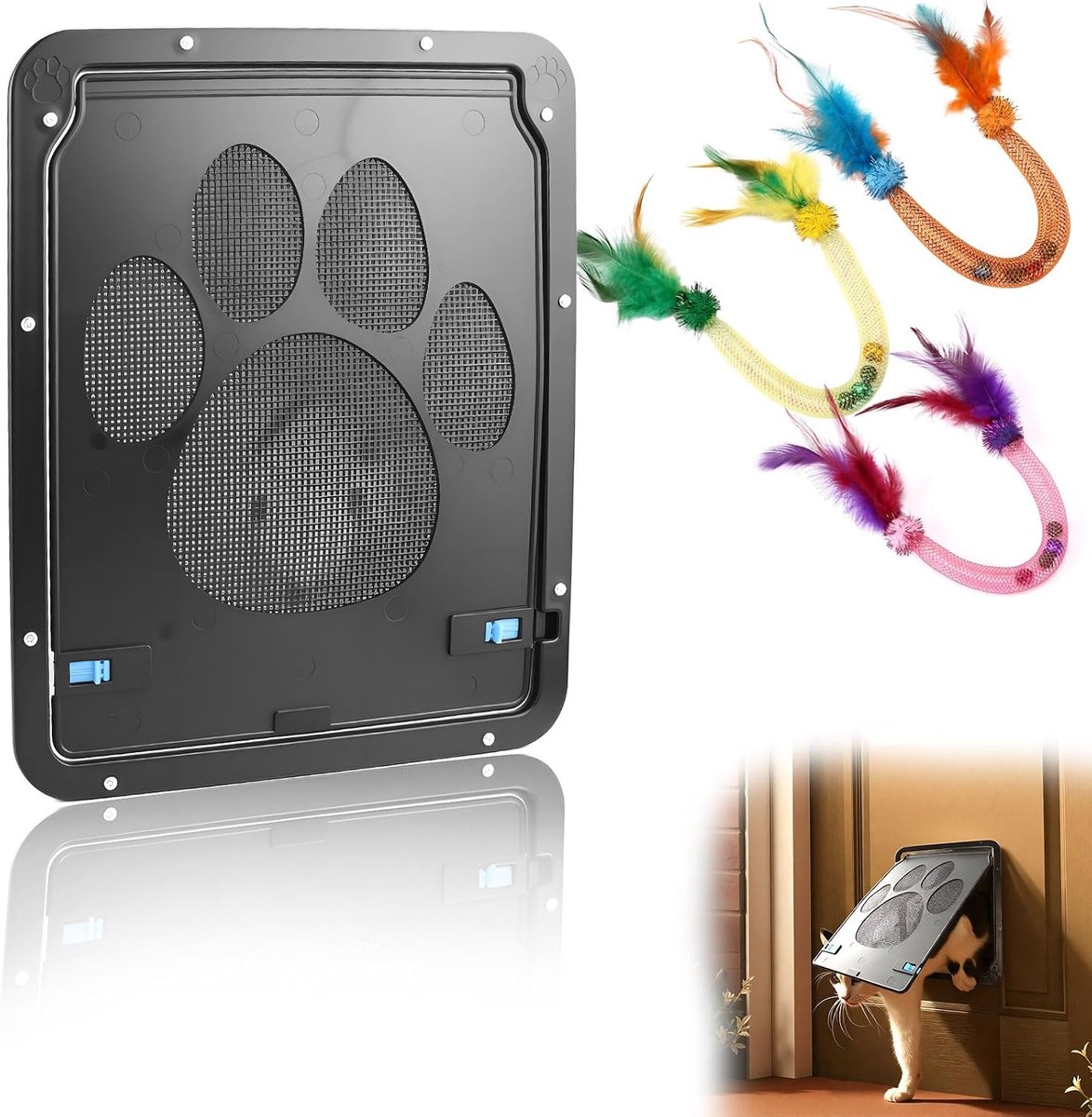 ABS huisdierklep, 29 × 24 cm kattendeur | Gemakkelijk te openen/sluiten voor kleine en middelgrote honden en katten, kattendeur, hondenklep met 3 kattenspeelgoed