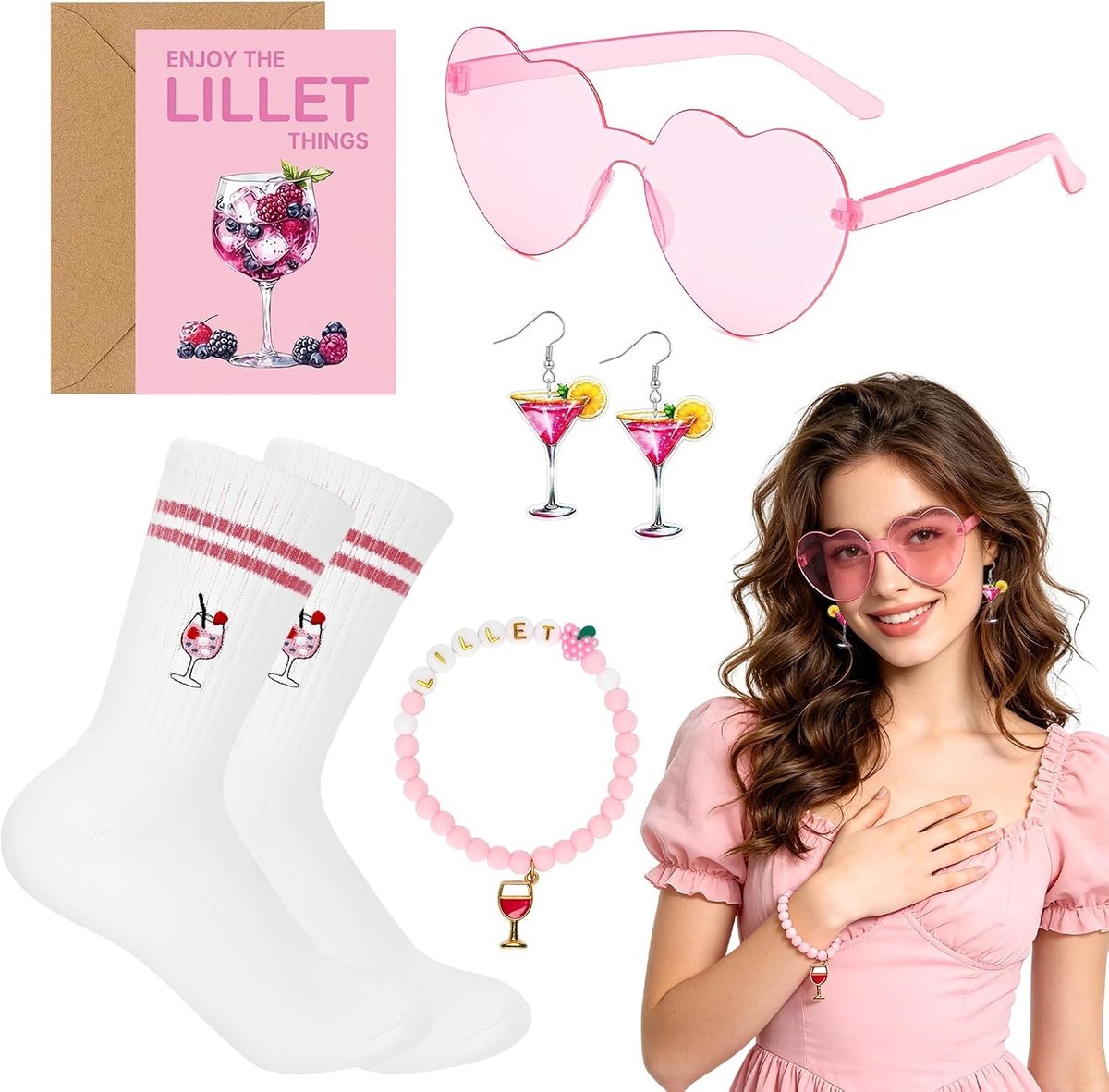 Lillet kostuum voor dames met wijnglashangers, armbanden, oorbellen en feestaccessoires voor Mallorca evenementen