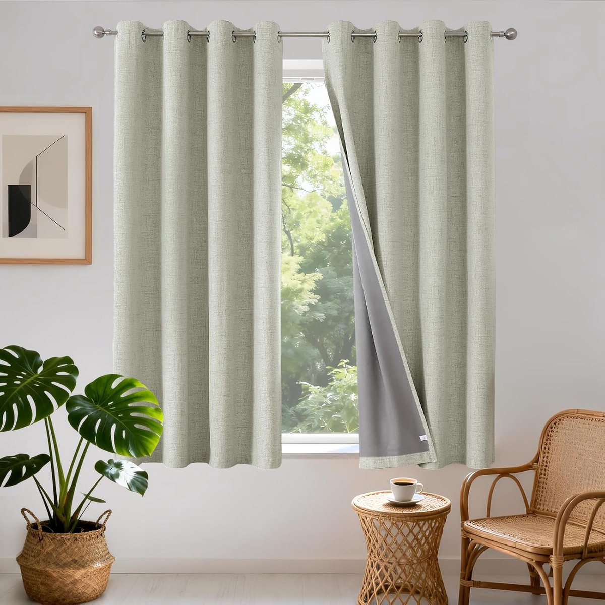 Gordijnen, set van 2 stuks, in linnenlook, 100% ondoorschijnend, met gecoate achterkant, met inslagringen, verduisteringsgordijn, warmte-isolerend, warmte-werend, voor de slaapkamer, woonkamer