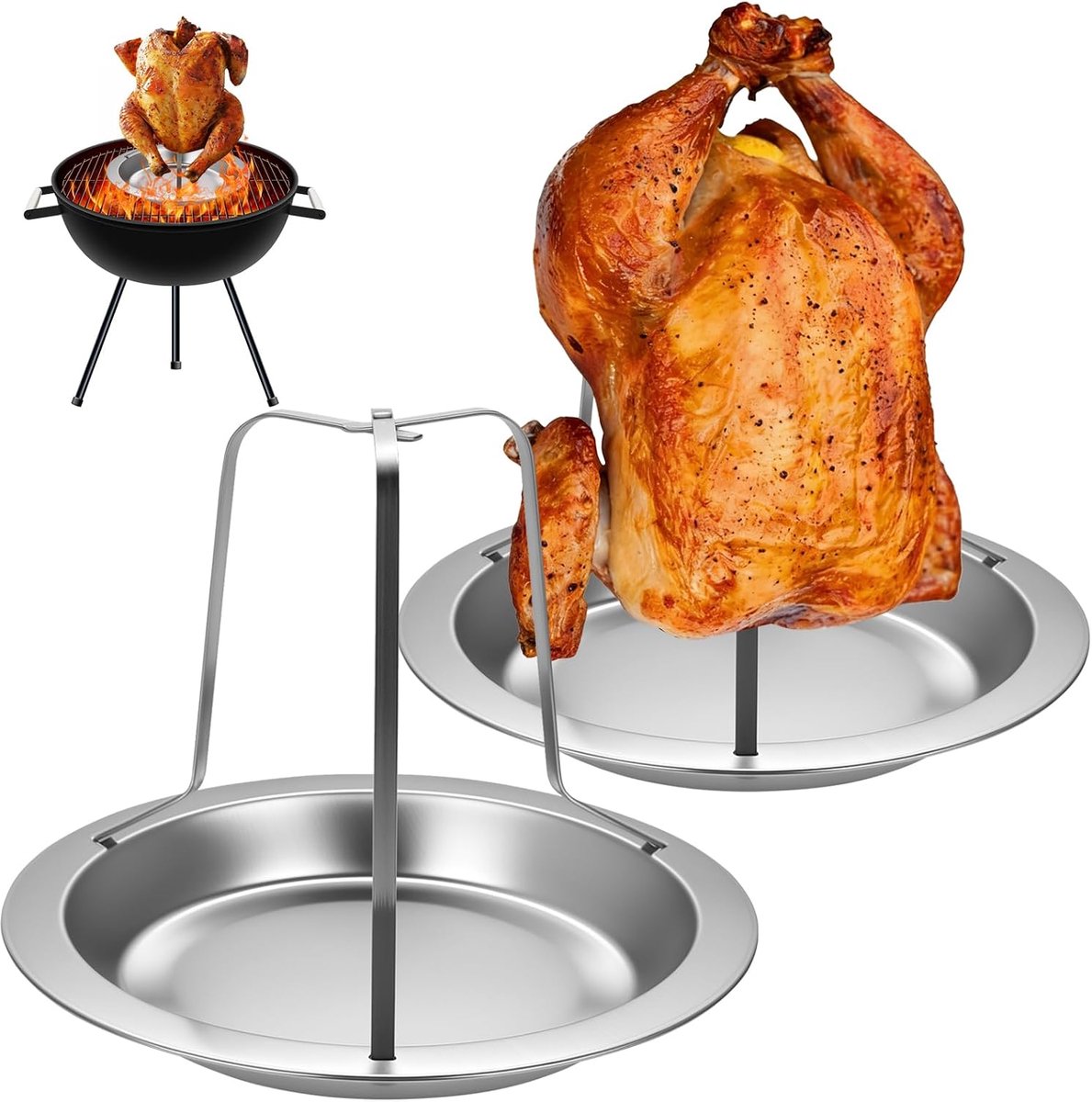 wugongshan 2 sets kippenbraderrek, verticaal kippengrilrek, roosterhouder met opvangschaal, roestvrijstalen kalkoenroosterrek, kippenhouder voor oven, barbecue, grillen, koken
