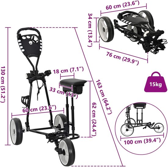 Golfkar met zitje - Golftrolley draagbare kar - Golfen op de baan - Opvouwbaar met stoel — afbeelding 5